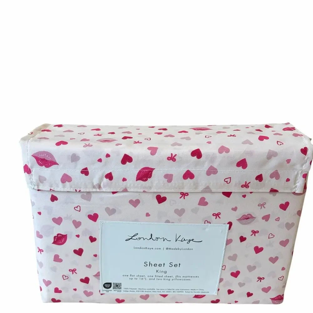 London Kaye Valentines Day KING Sheet Set 4pc Pink & Red Lips Hearts Bows XO NEW
